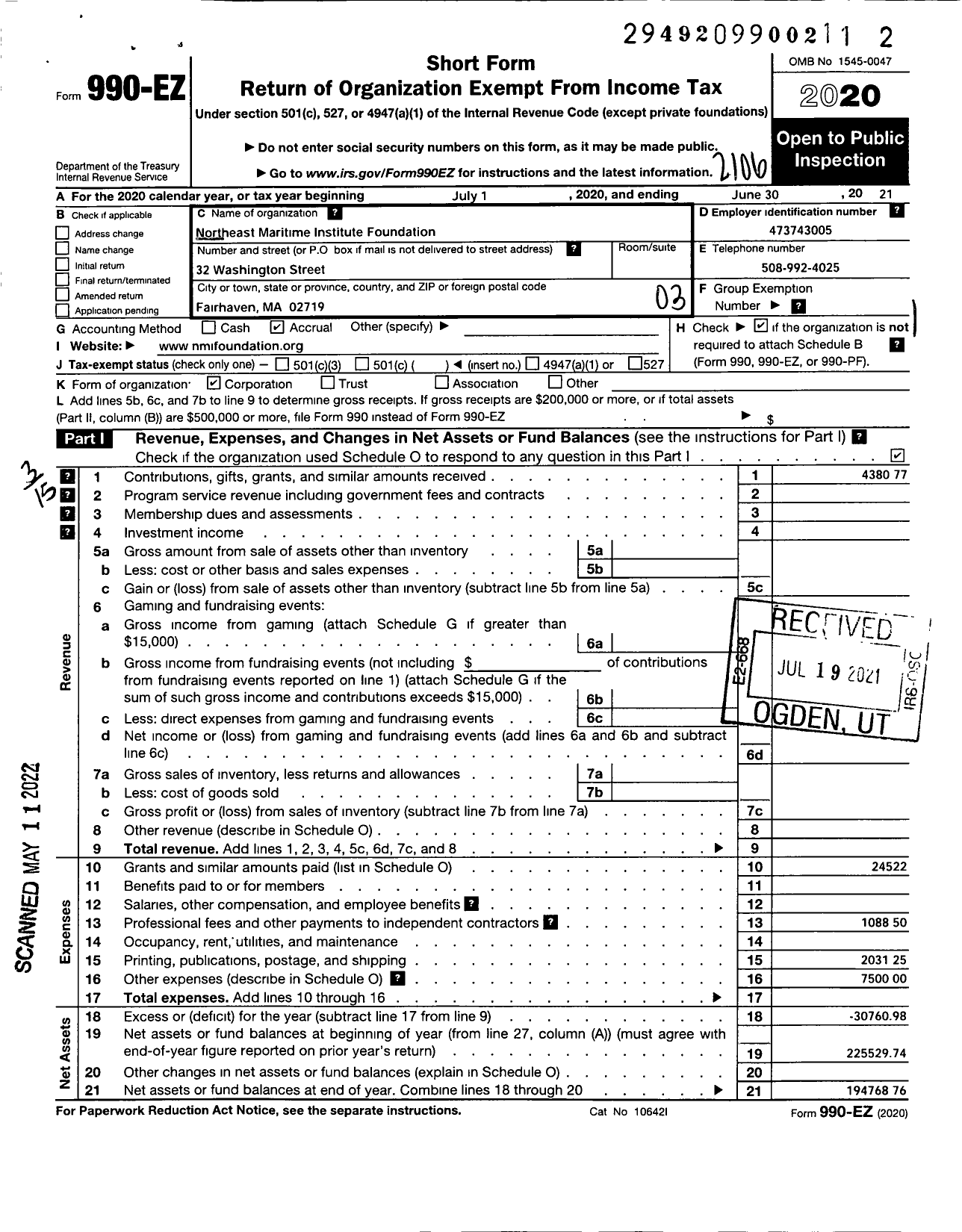 Image of first page of 2020 Form 990EZ for Northeast Maritime Institute Foundation