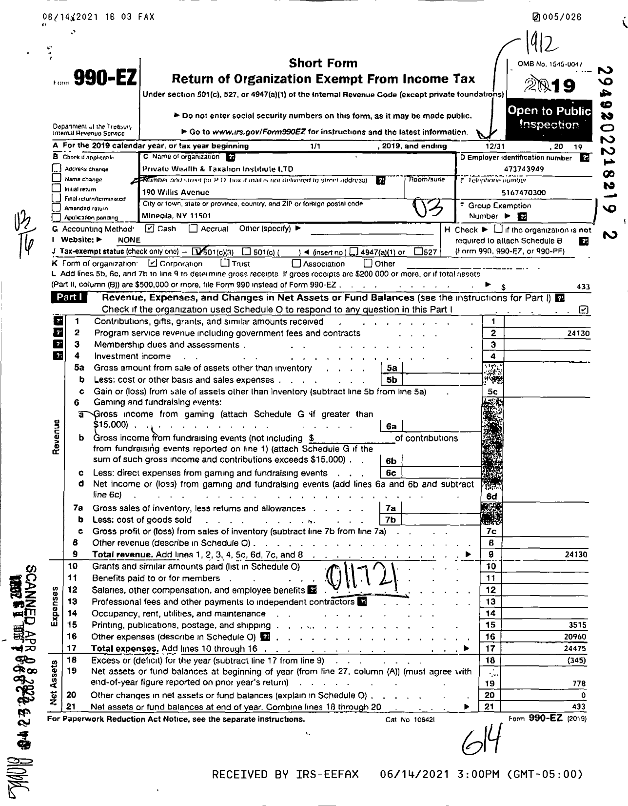 Image of first page of 2019 Form 990EZ for Private Wealth & Taxation Institute