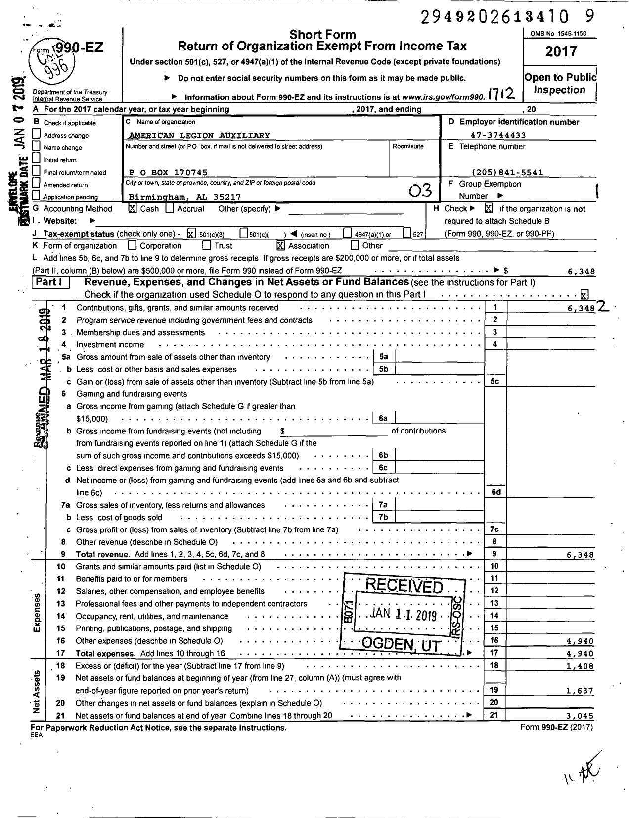 Image of first page of 2017 Form 990EZ for American Legion Auxiliary - American Legion Auxiliary