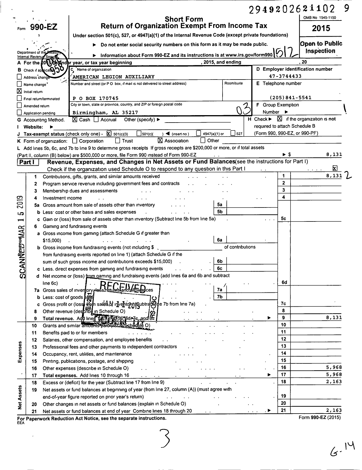 Image of first page of 2015 Form 990EZ for American Legion Auxiliary - American Legion Auxiliary
