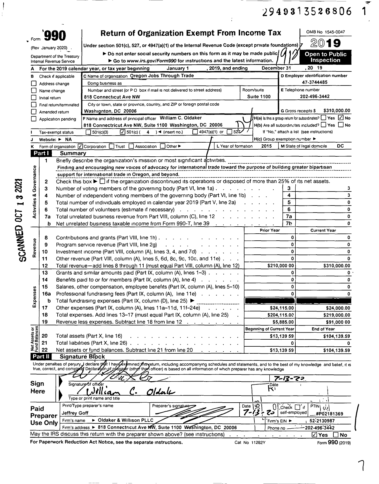 Image of first page of 2019 Form 990O for Oregon Jobs Through Trade