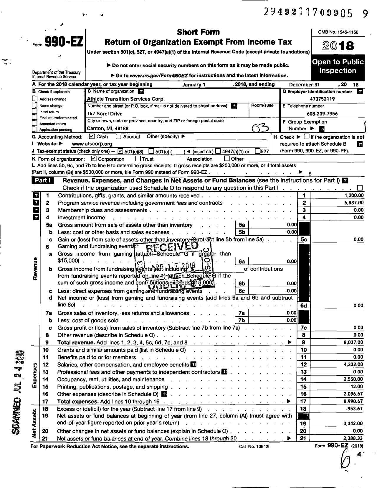 Image of first page of 2018 Form 990EZ for Athlete Transition Services Corpora