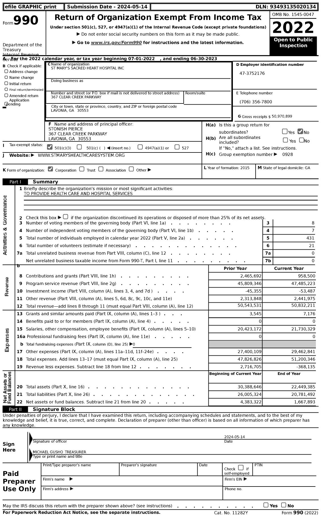 Image of first page of 2022 Form 990 for St Mary's Sacred Heart Hospital
