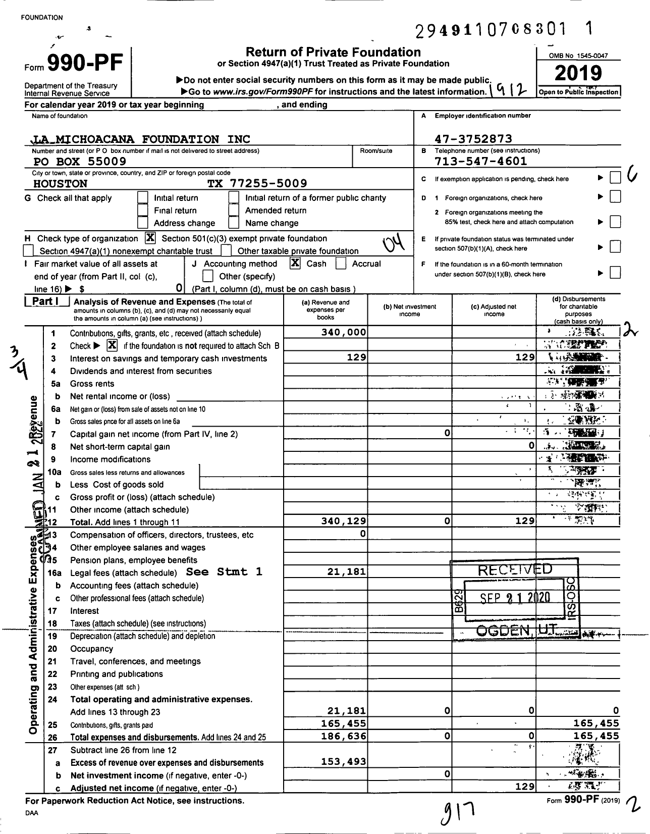 Image of first page of 2019 Form 990PF for La Michoacana Foundation