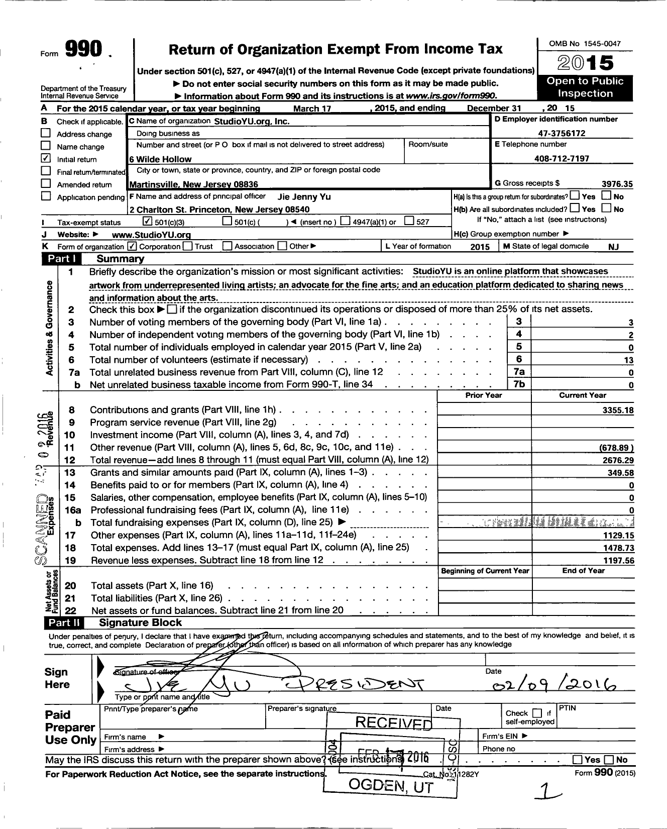 Image of first page of 2015 Form 990 for Studioyuorg