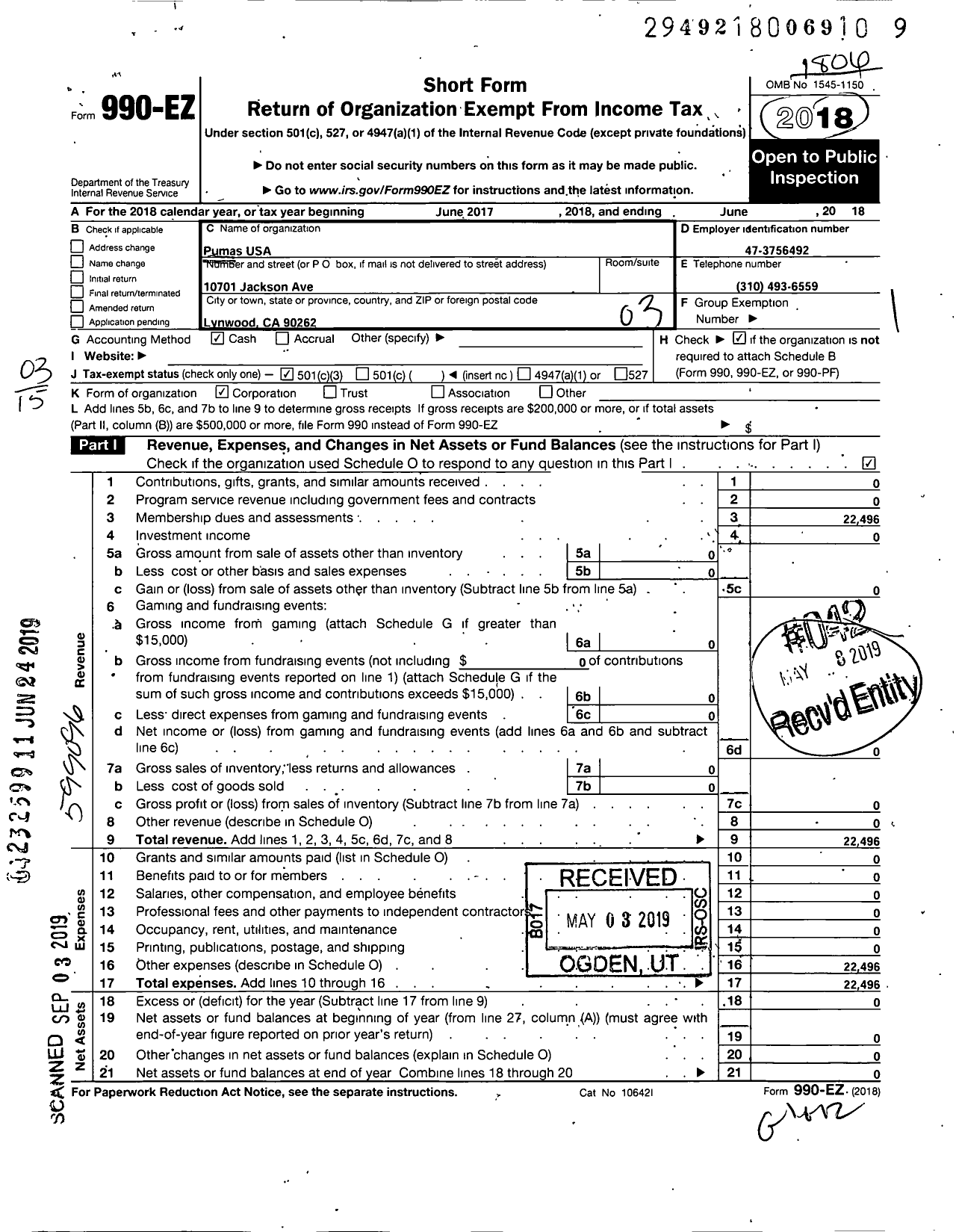 Image of first page of 2017 Form 990EZ for Pumas USA