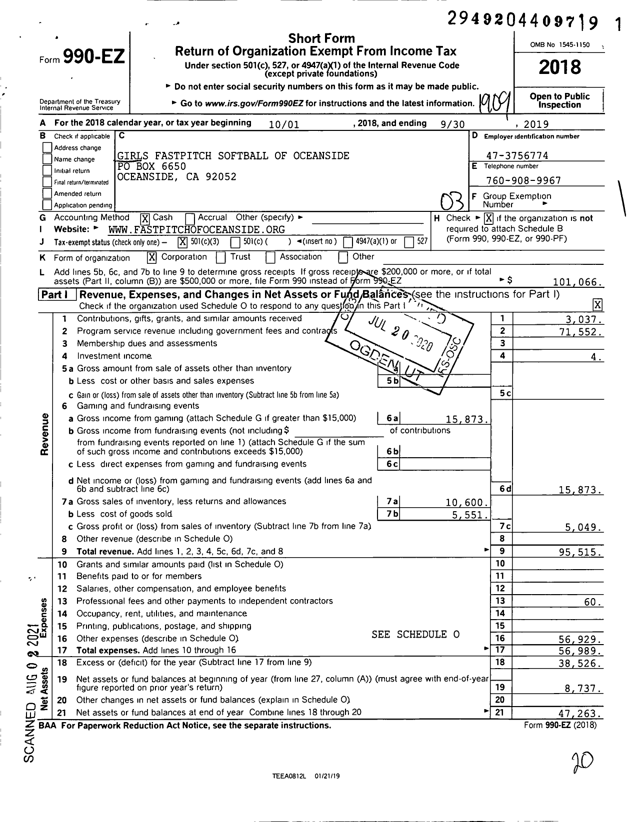 Image of first page of 2018 Form 990EZ for Girls Fastpitch Softball of Oceanside