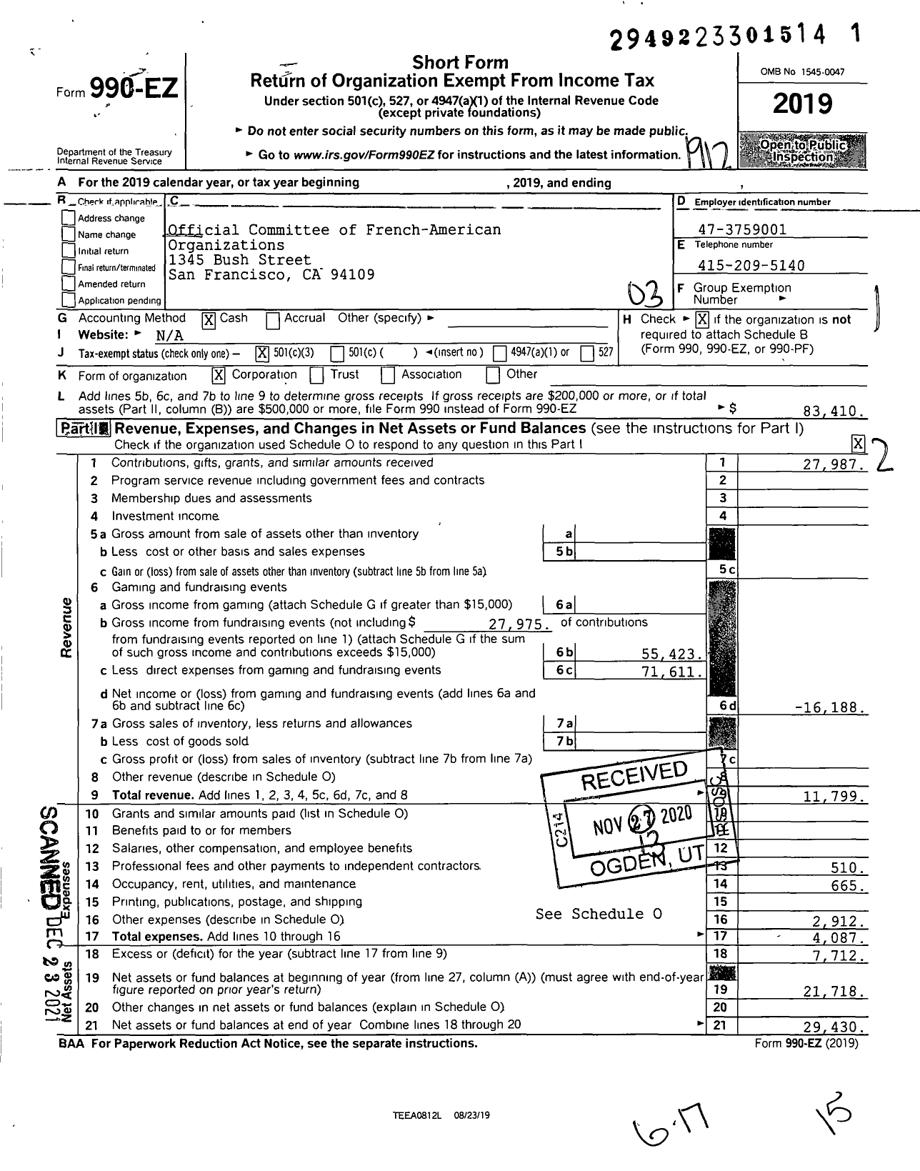 Image of first page of 2019 Form 990EZ for Official Committee of French-American Organizations