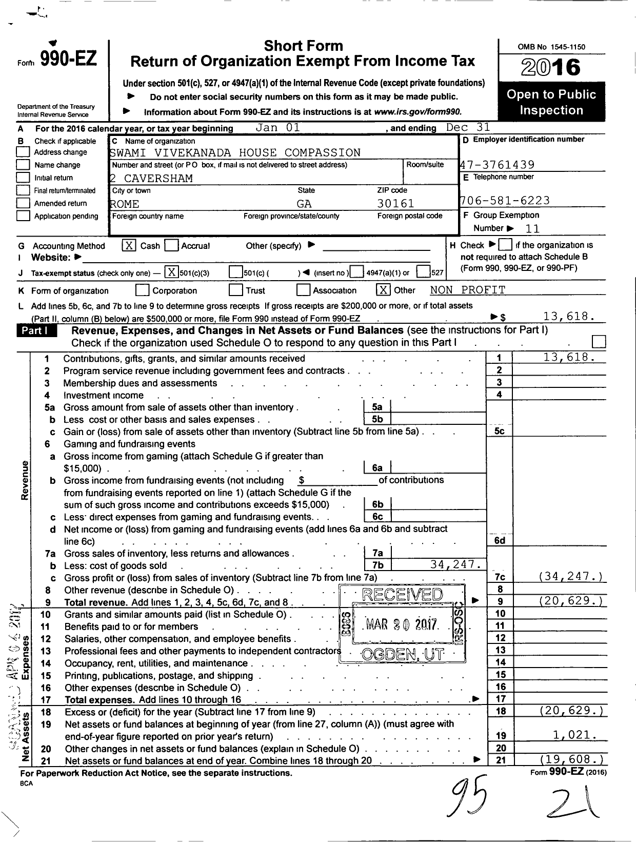 Image of first page of 2016 Form 990EZ for Swami Vivekananda S House of Compassion