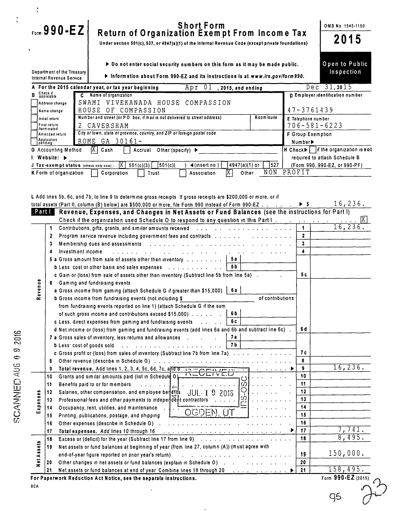 Image of first page of 2015 Form 990EZ for Swami Vivekananda S House of Compassion