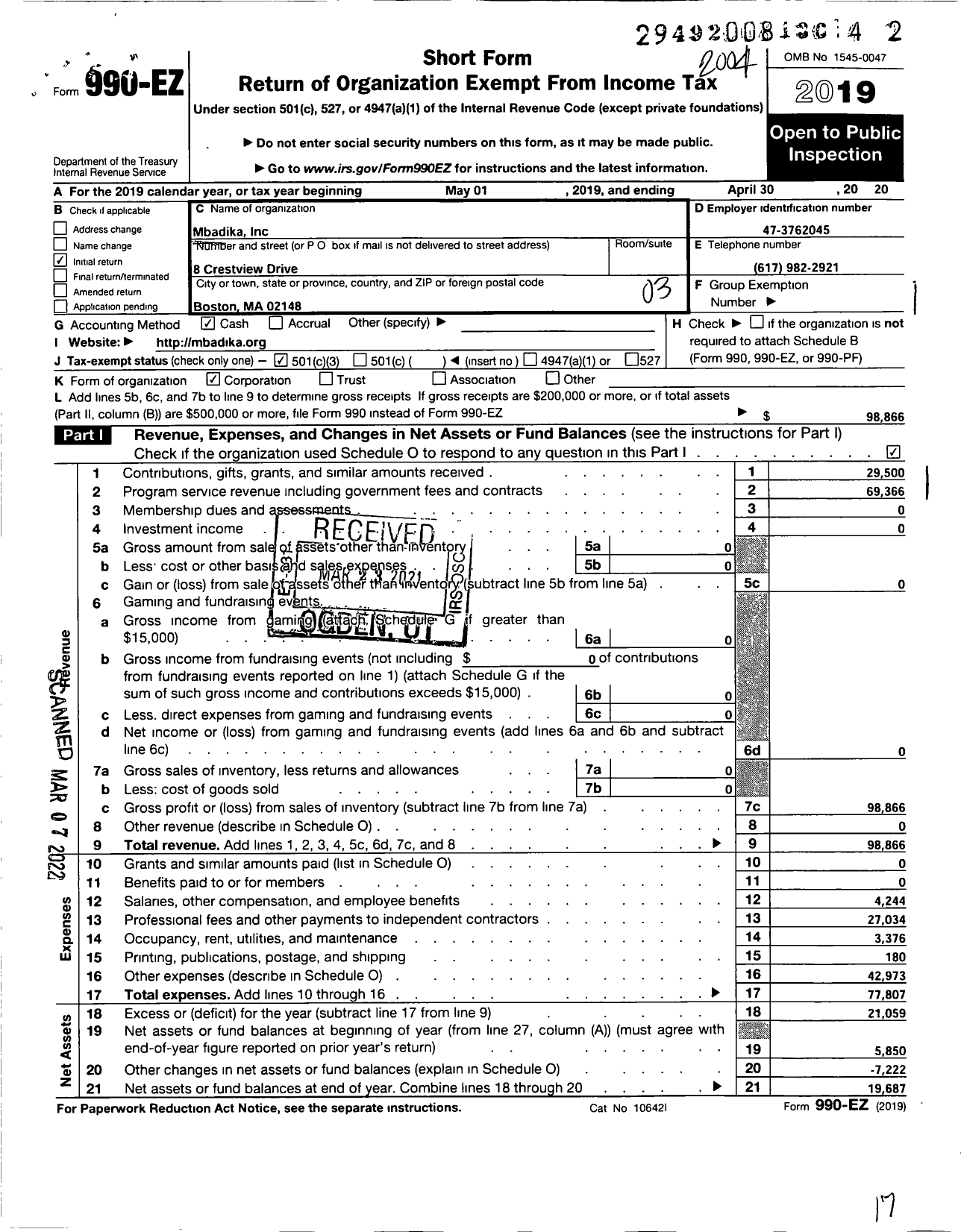 Image of first page of 2019 Form 990EZ for Mbadika