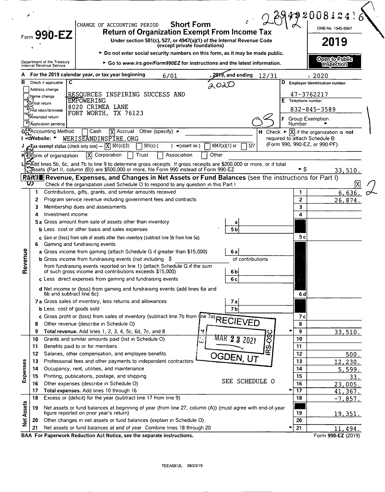 Image of first page of 2020 Form 990EZ for Resources Inspiring Success and Empowering