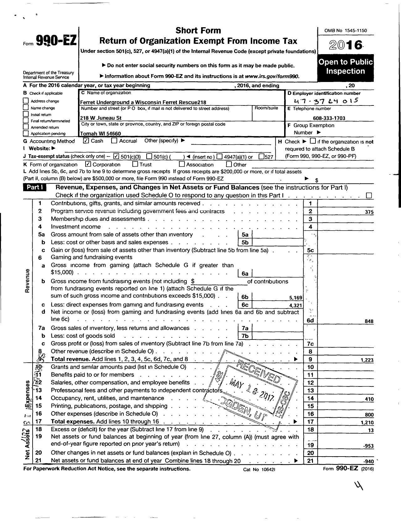 Image of first page of 2016 Form 990EZ for Ferret Underground - A Wisconsin Ferret Rescue