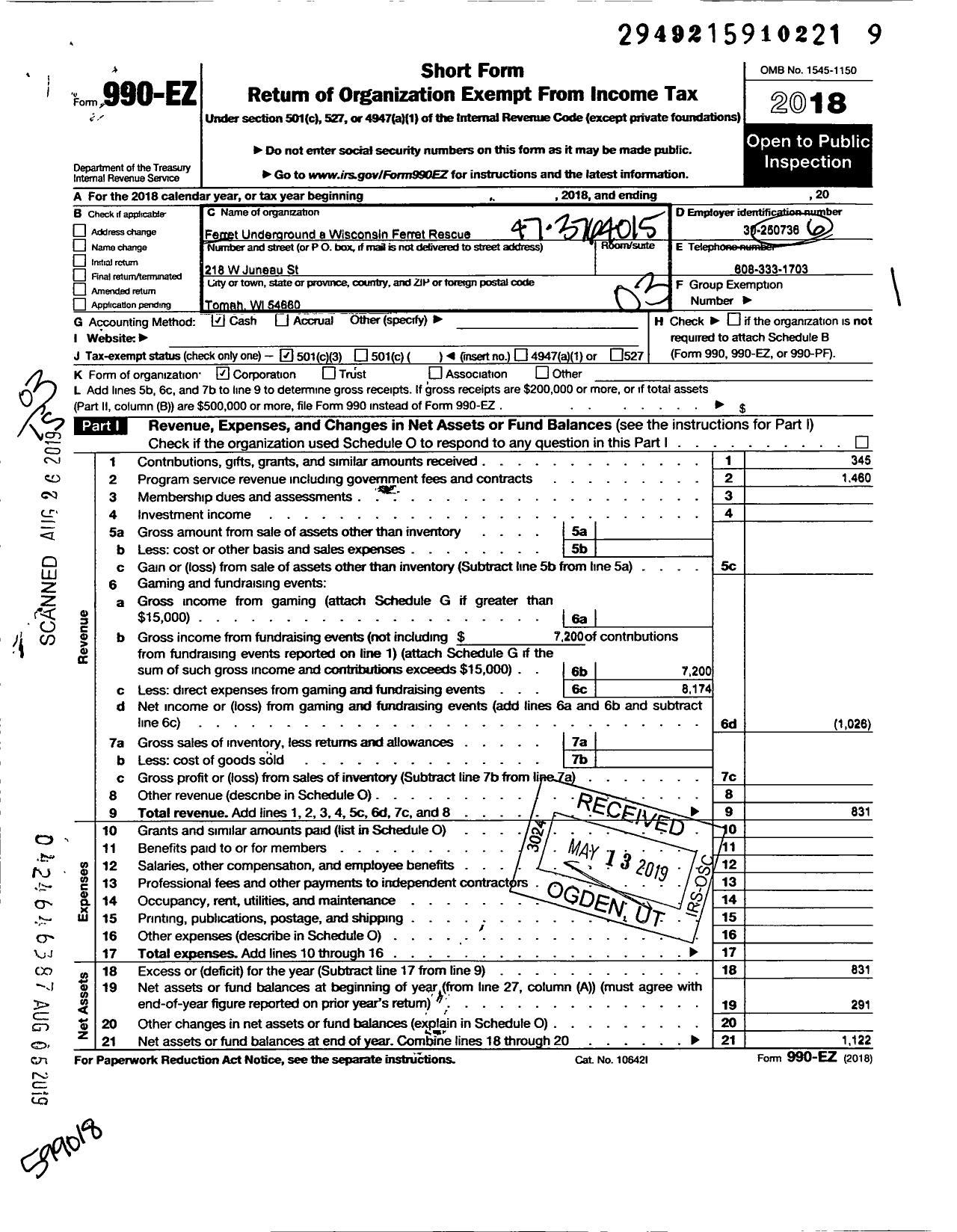 Image of first page of 2018 Form 990EZ for Ferret Underground - A Wisconsin Ferret Rescue