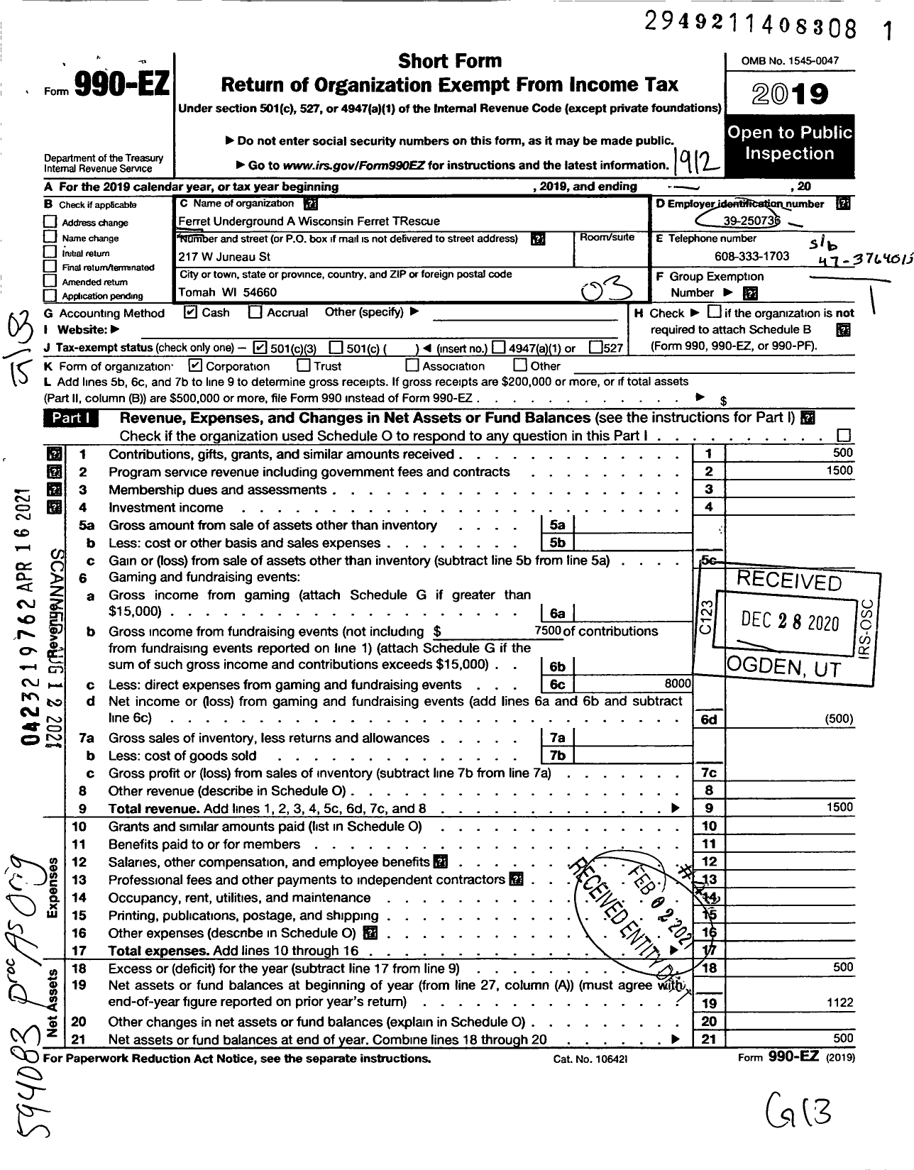 Image of first page of 2019 Form 990EZ for Ferret Underground - A Wisconsin Ferret Rescue