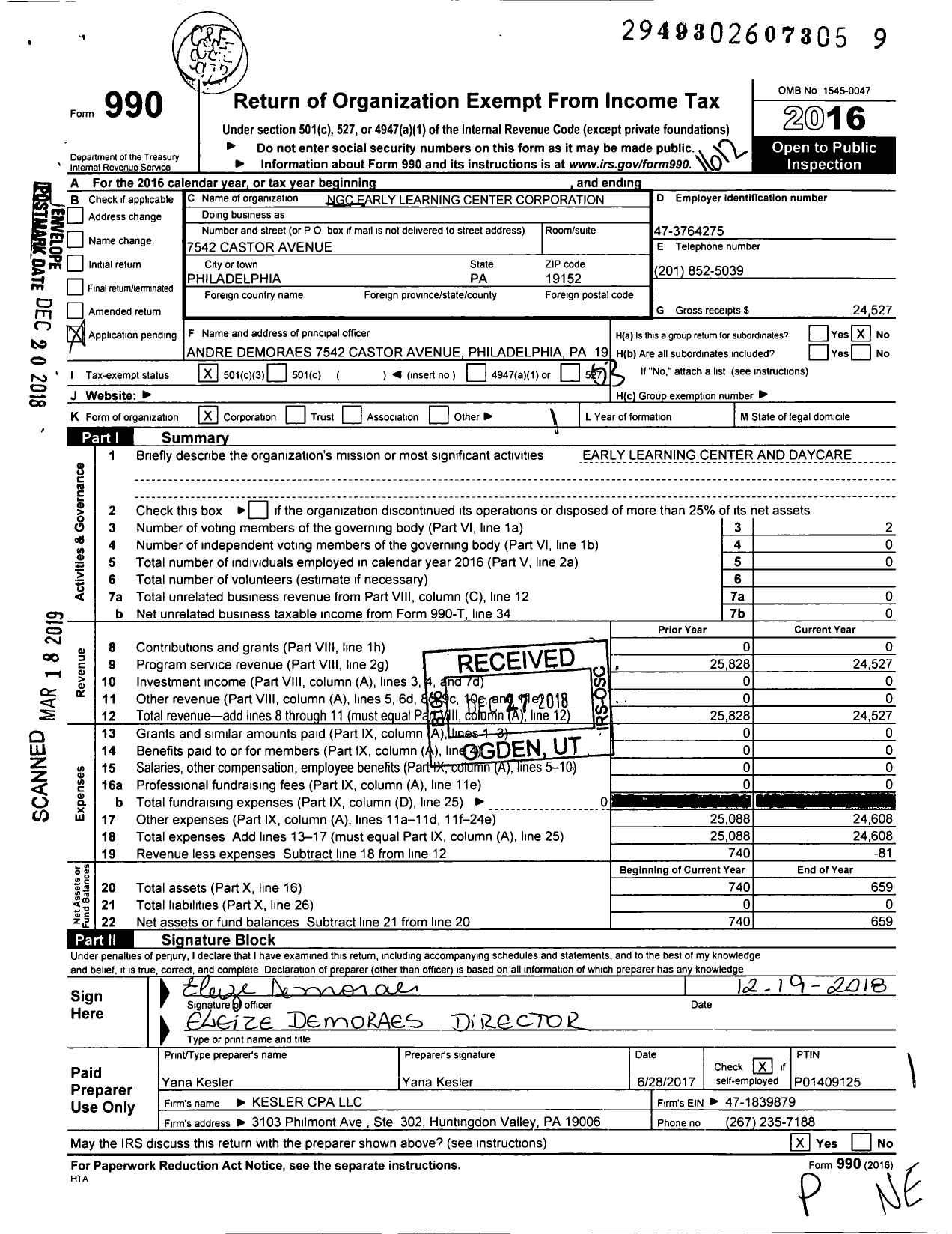 Image of first page of 2016 Form 990 for NGC Early Learning Center Corporation