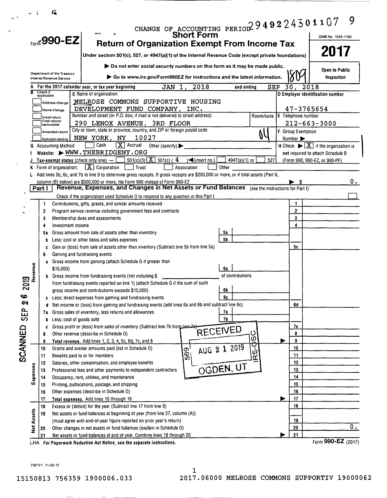 Image of first page of 2017 Form 990EO for Melrose Commons Supportive Housing Development Fund Company