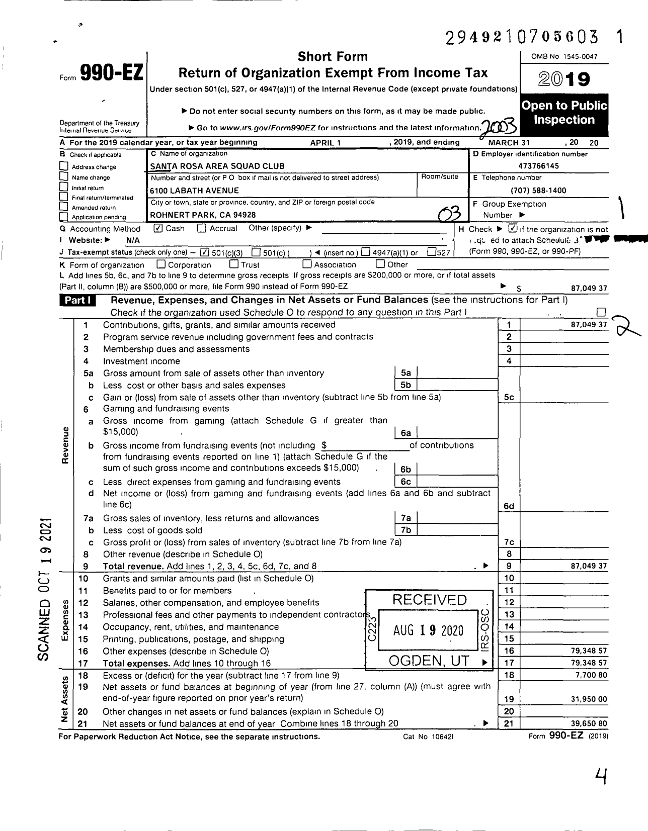 Image of first page of 2019 Form 990EZ for Santa Rosa Area Squad Club