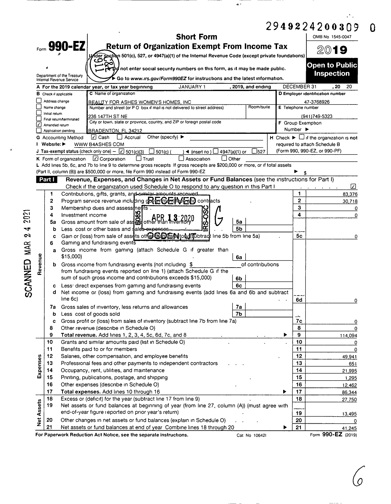 Image of first page of 2020 Form 990EZ for Beauty for Ashes Womens Homes