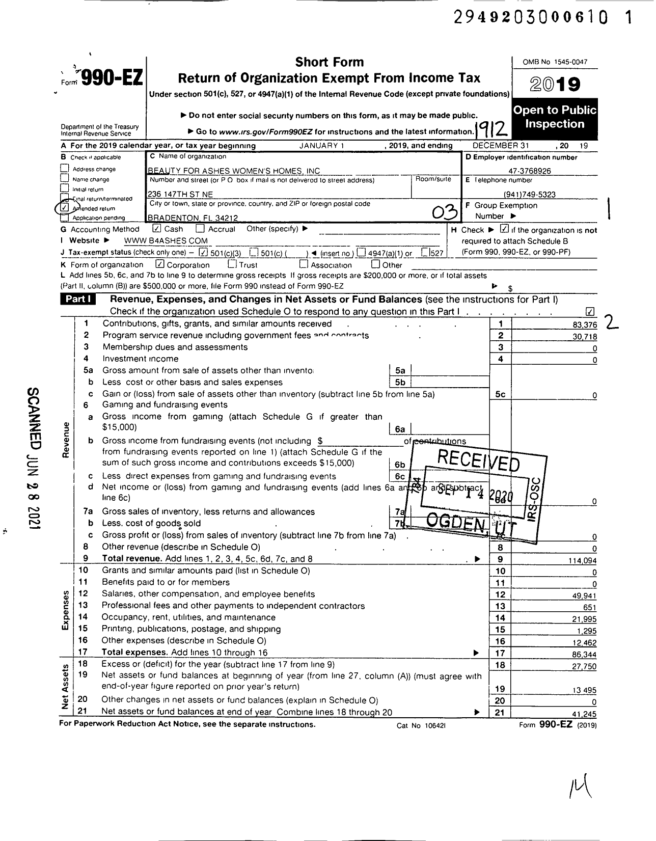 Image of first page of 2019 Form 990EZ for Beauty for Ashes Womens Homes