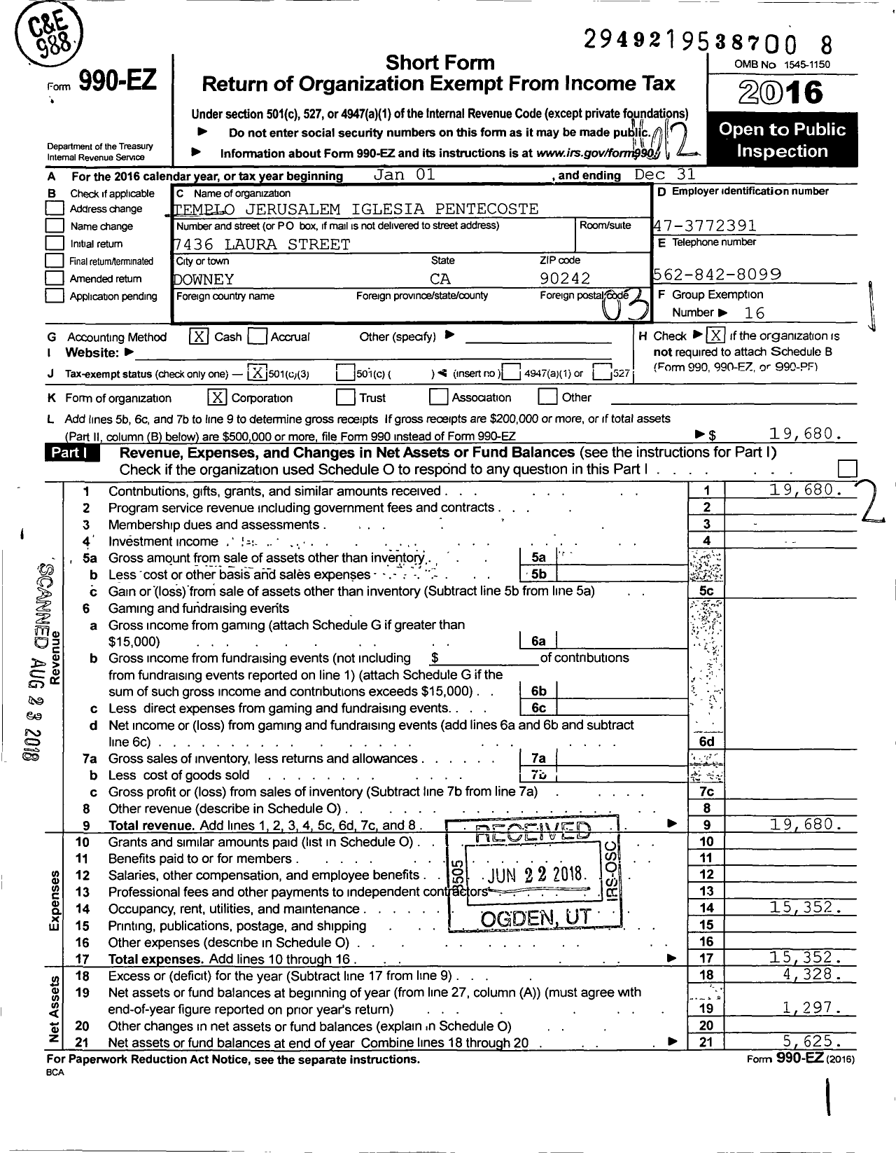 Image of first page of 2016 Form 990EZ for Templo Jerusalem Iglesia Pentecostes