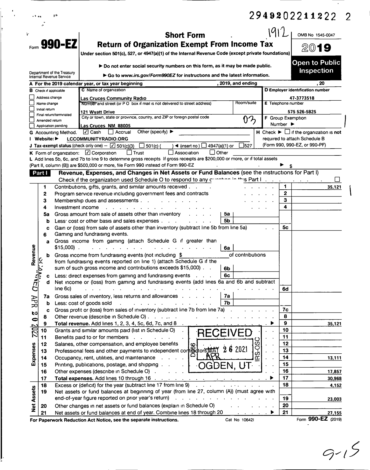 Image of first page of 2019 Form 990EZ for Las Cruces Community Radio