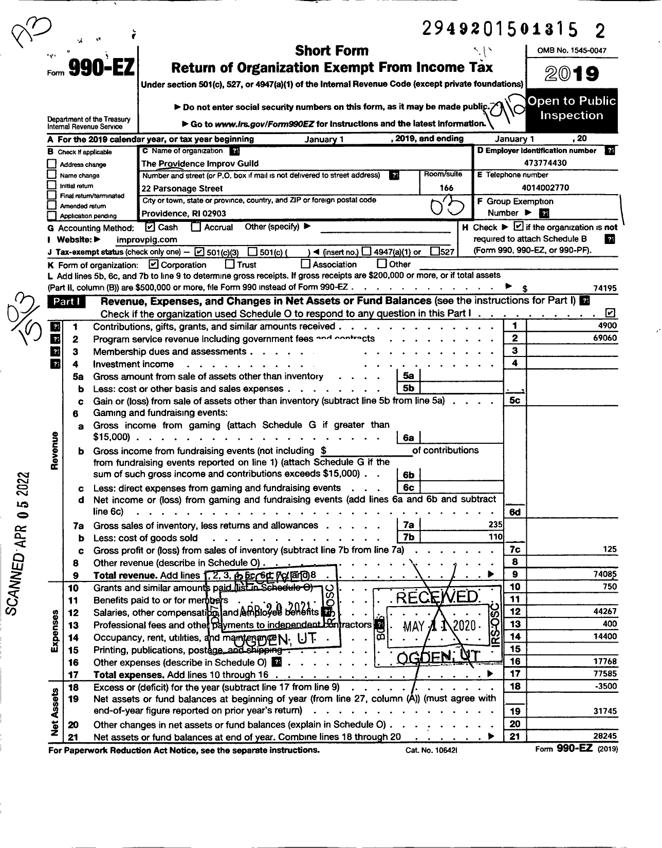 Image of first page of 2019 Form 990EZ for Providence Improv Guild