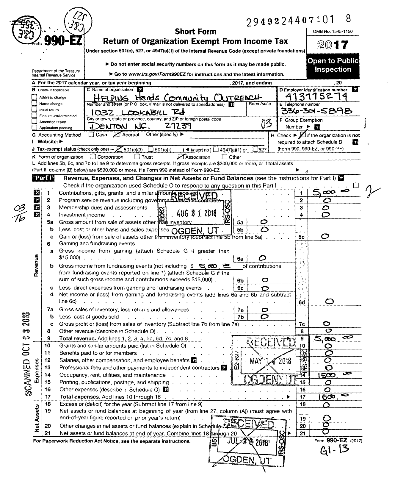 Image of first page of 2017 Form 990EZ for Helping Hands Community Outreach