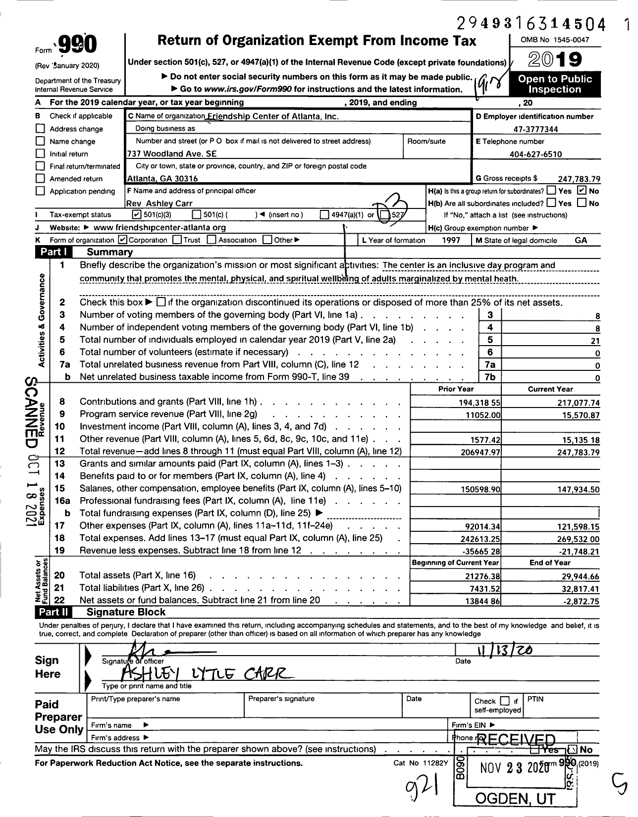 Image of first page of 2019 Form 990 for Friendship Center of Atlanta