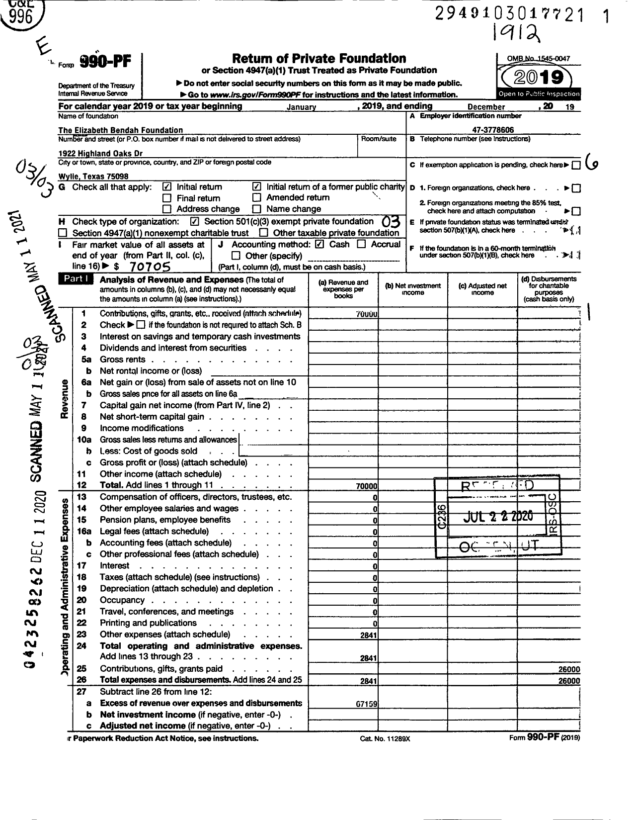 Image of first page of 2019 Form 990PF for Elizabeth Bendah Foundation