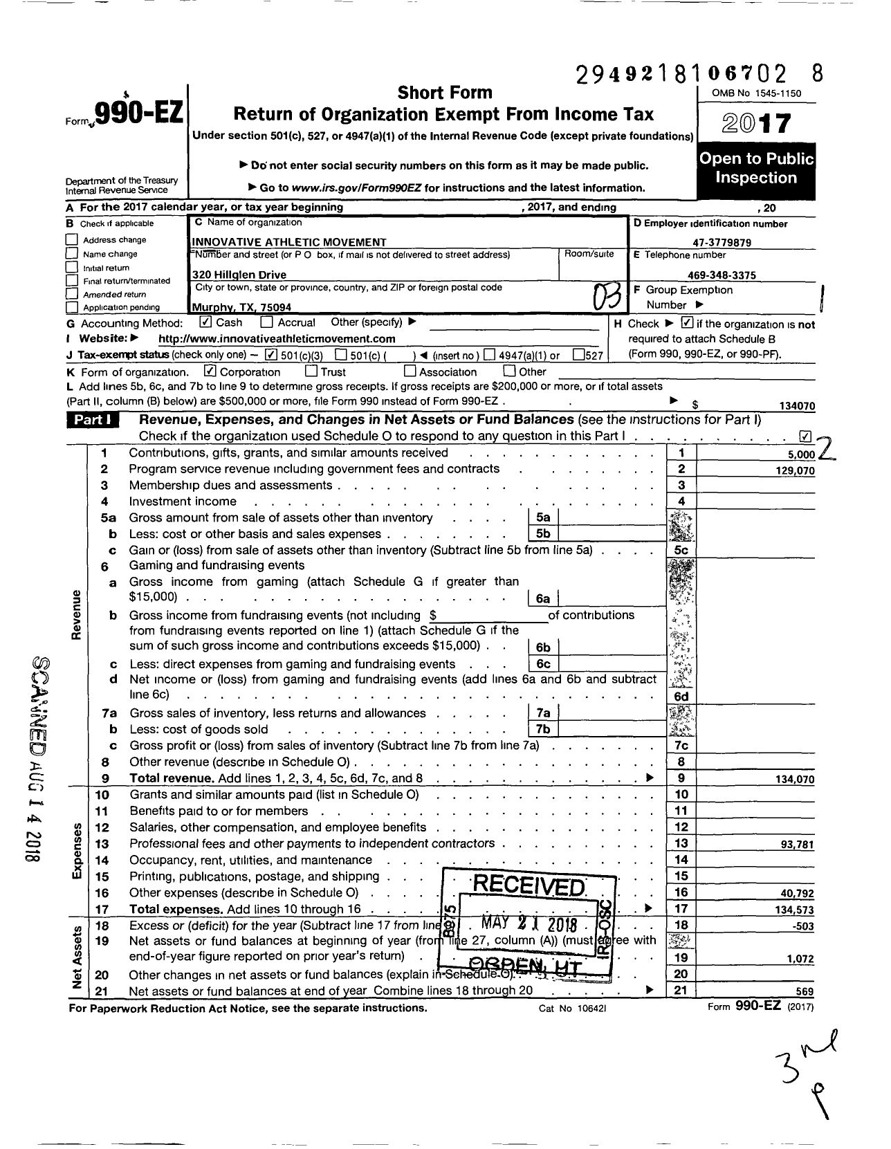 Image of first page of 2017 Form 990EZ for Innovative Athletic Movement