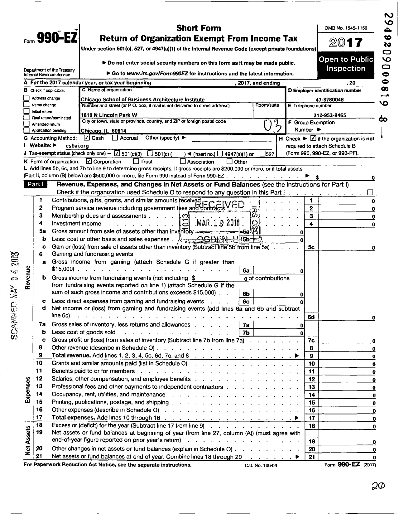 Image of first page of 2017 Form 990EZ for Chicago School of Business Architecture Institute (CSBAI)