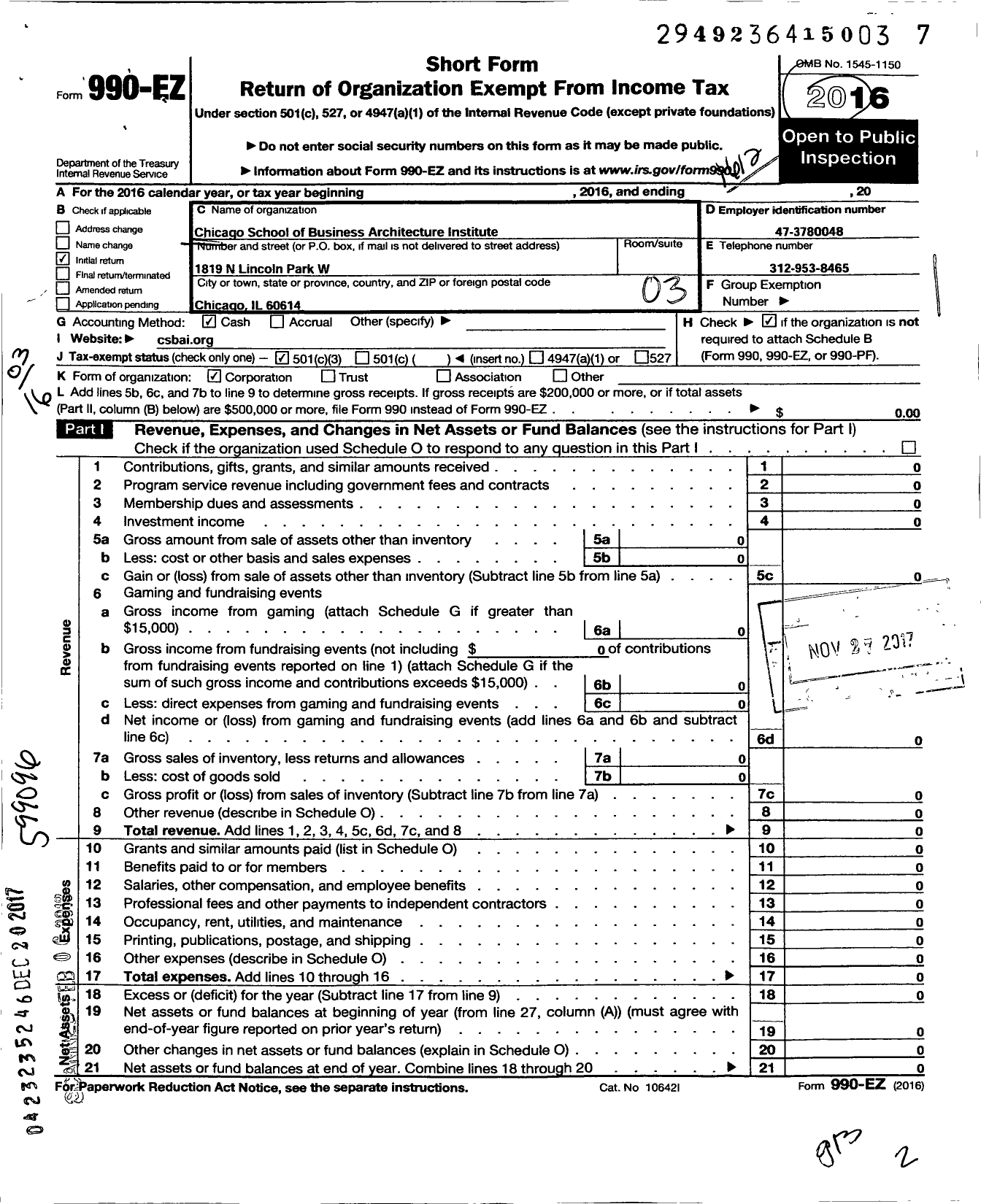 Image of first page of 2016 Form 990EZ for Chicago School of Business Architecture Institute (CSBAI)