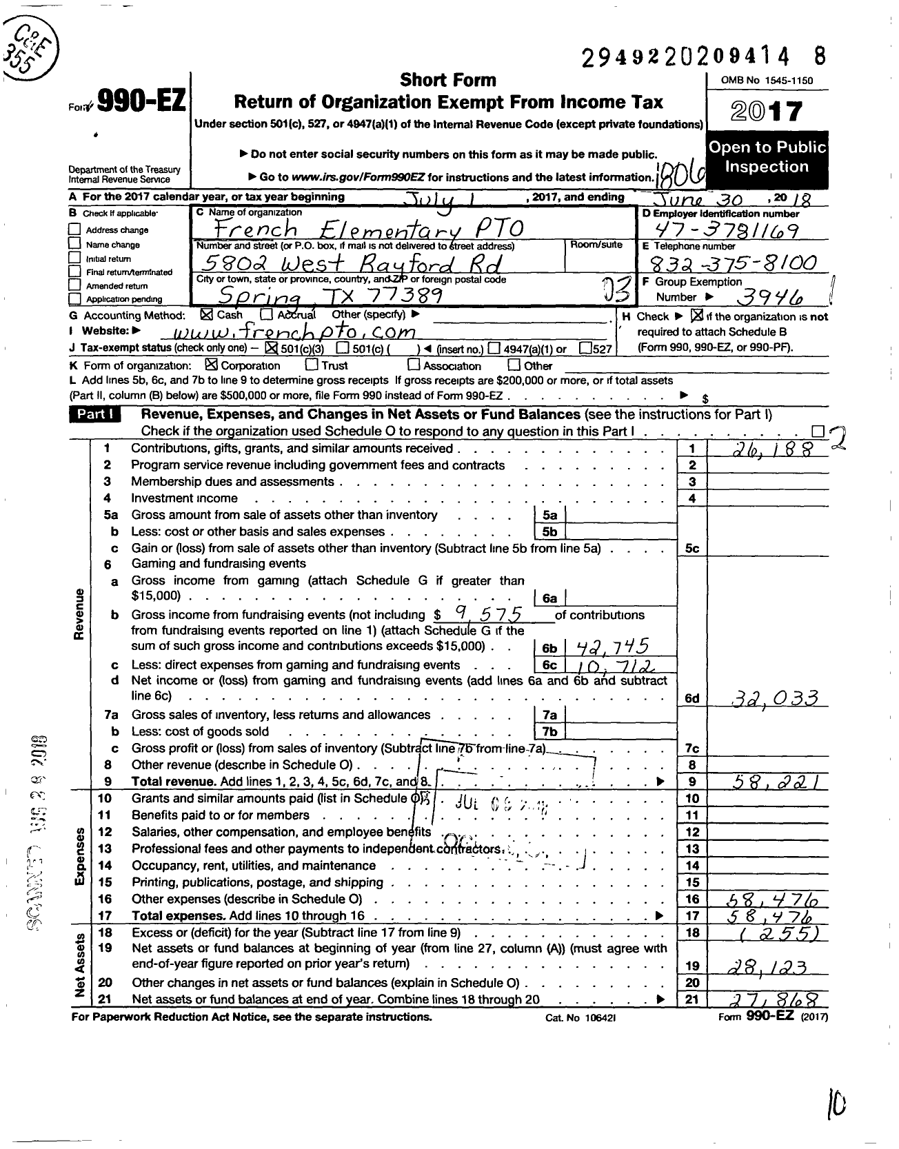 Image of first page of 2017 Form 990EZ for Klein Support Groups / French Elementary Parent Teacher Or