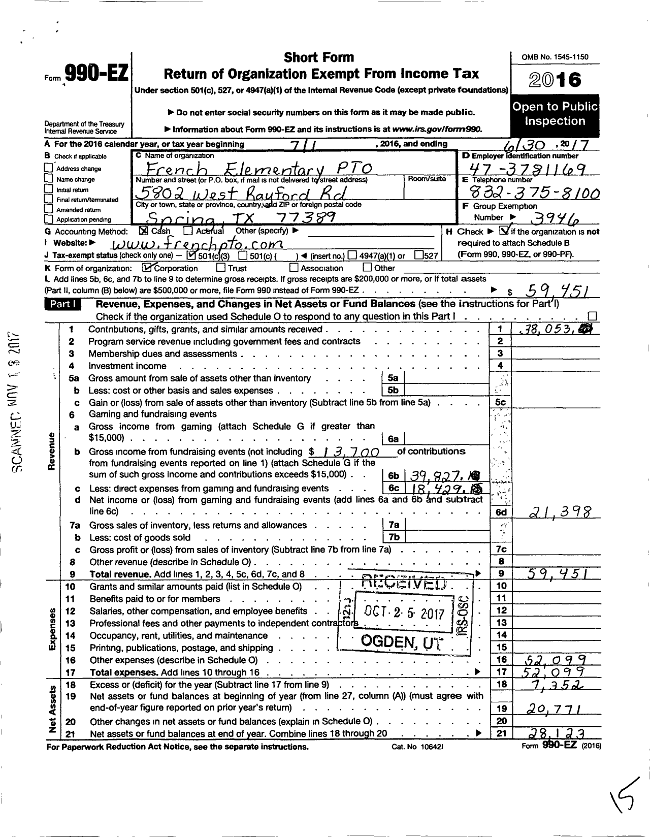 Image of first page of 2016 Form 990EZ for Klein Support Groups / French Elementary Parent Teacher Or