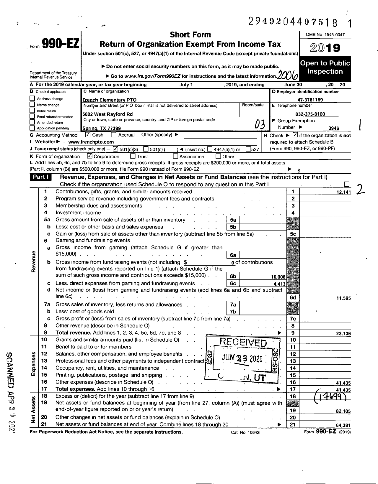 Image of first page of 2019 Form 990EZ for Klein Support Groups / French Elementary Parent Teacher Or