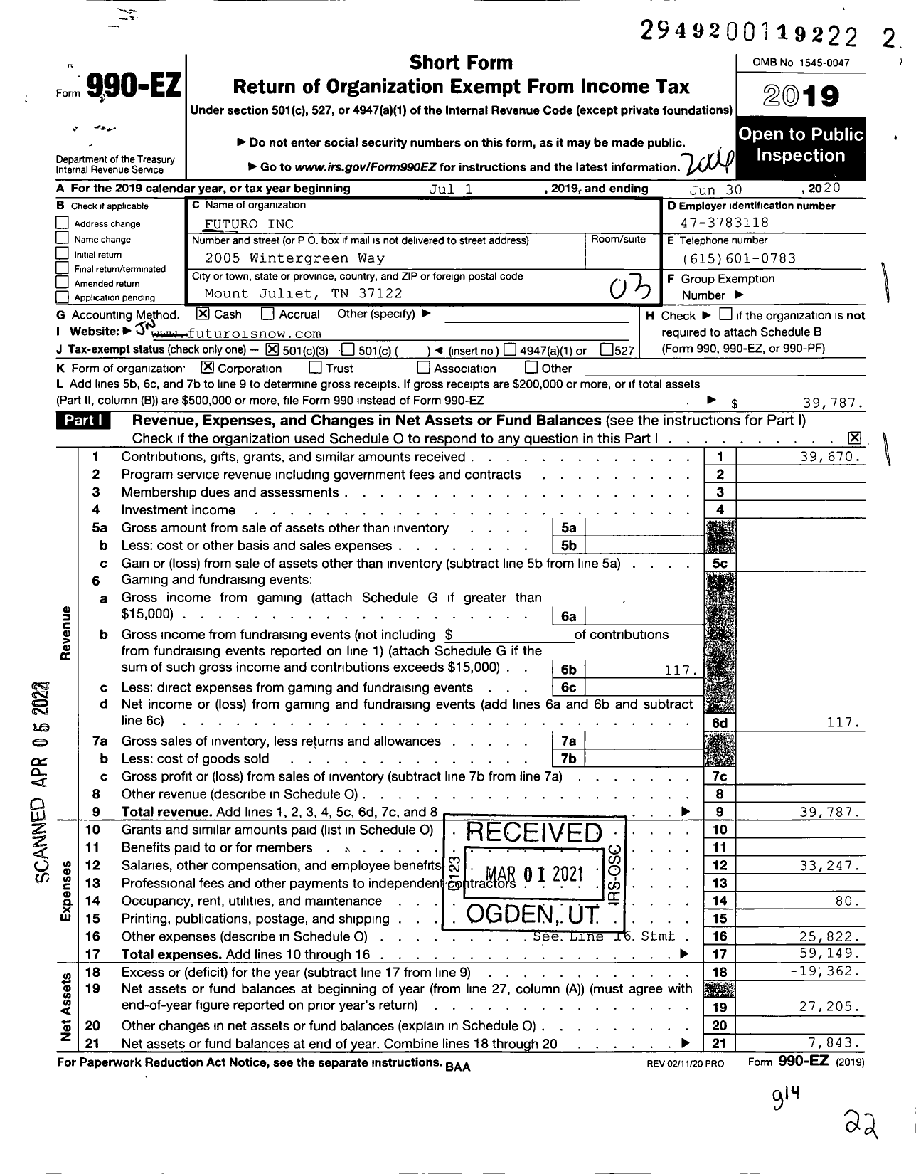 Image of first page of 2019 Form 990EZ for Futuro