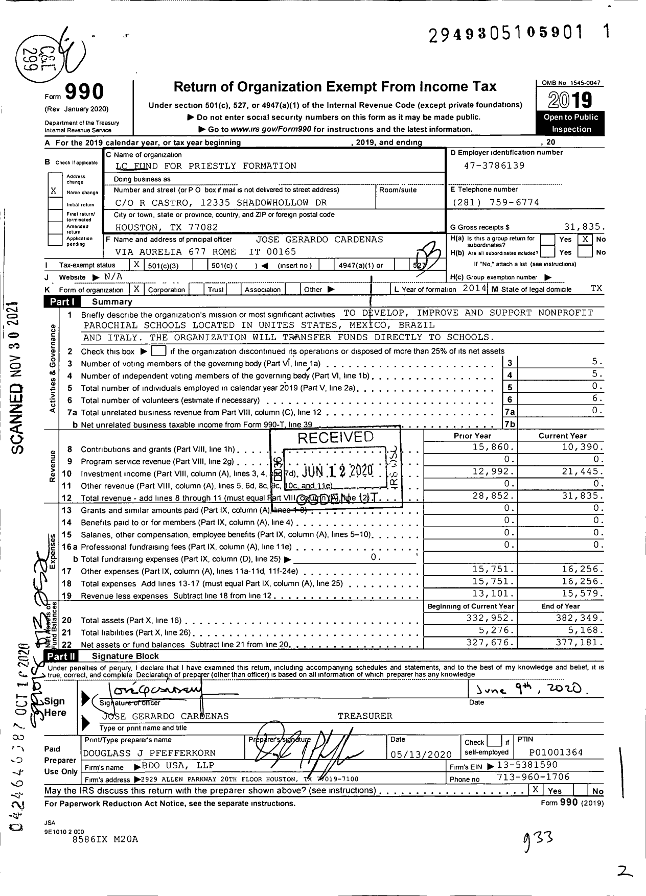 Image of first page of 2019 Form 990 for LC Fund for Priestly Formation