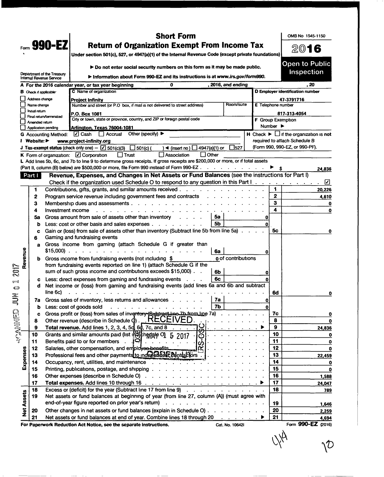 Image of first page of 2016 Form 990EZ for Project Infinity