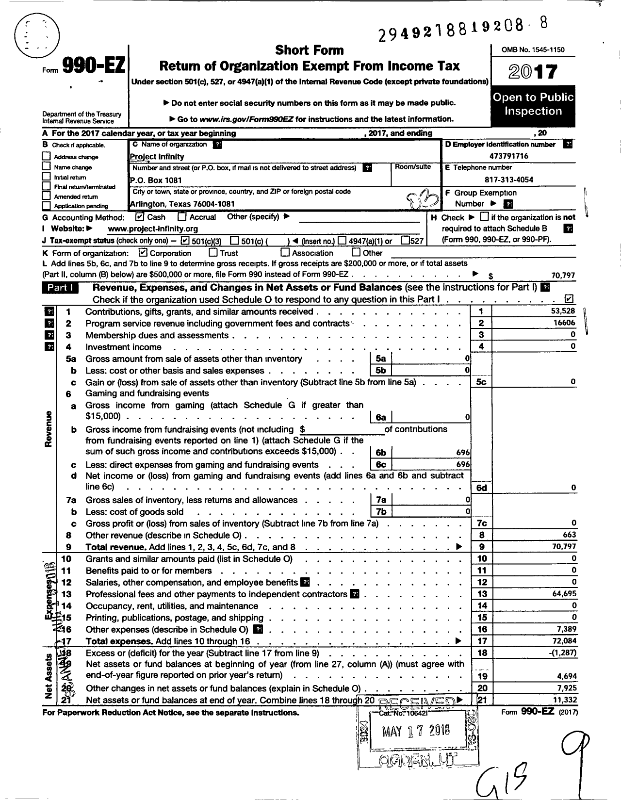 Image of first page of 2017 Form 990EZ for Project Infinity