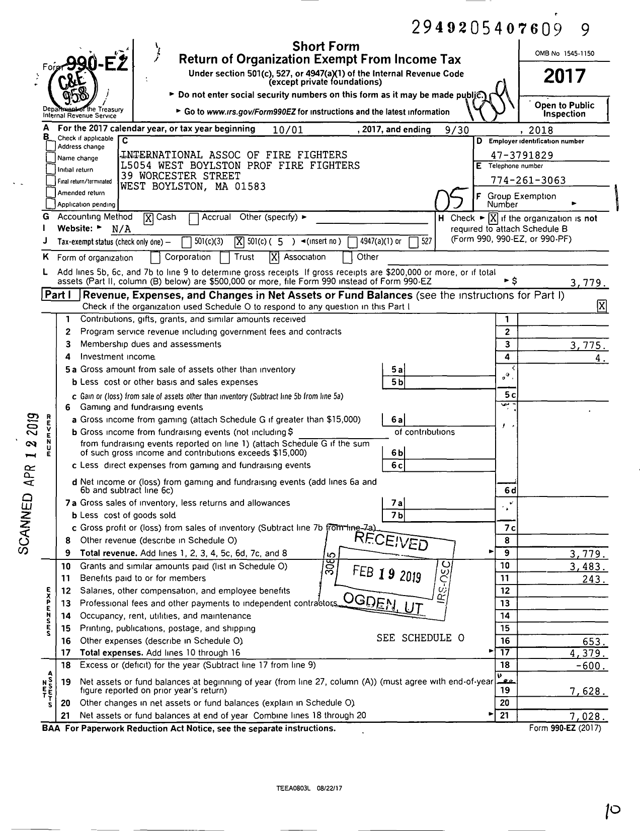 Image of first page of 2017 Form 990EO for International Association of Fire Fighters L5054 West Boylston Prof Fire Fighters