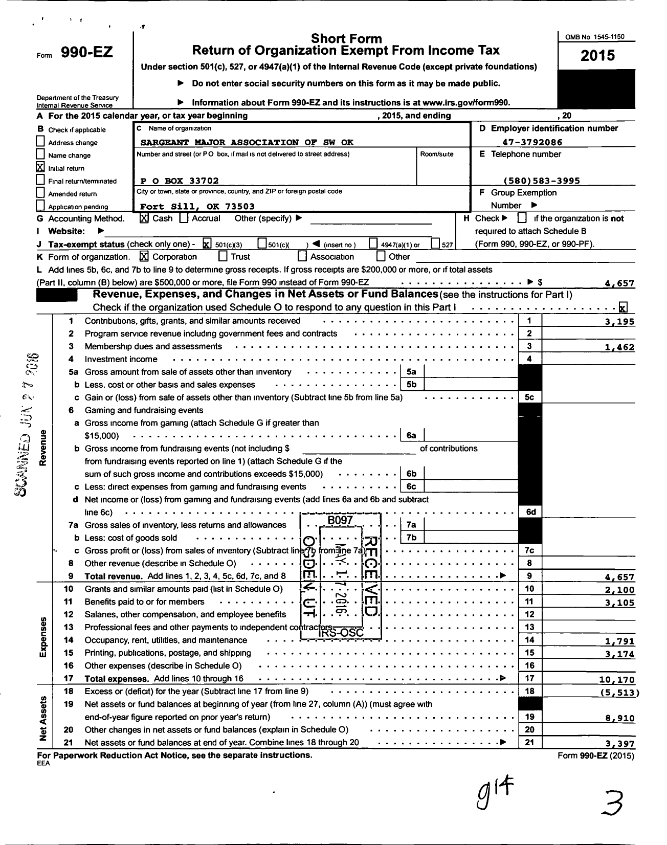 Image of first page of 2015 Form 990EZ for Sergeant Major Association of Southwest Oklahoma