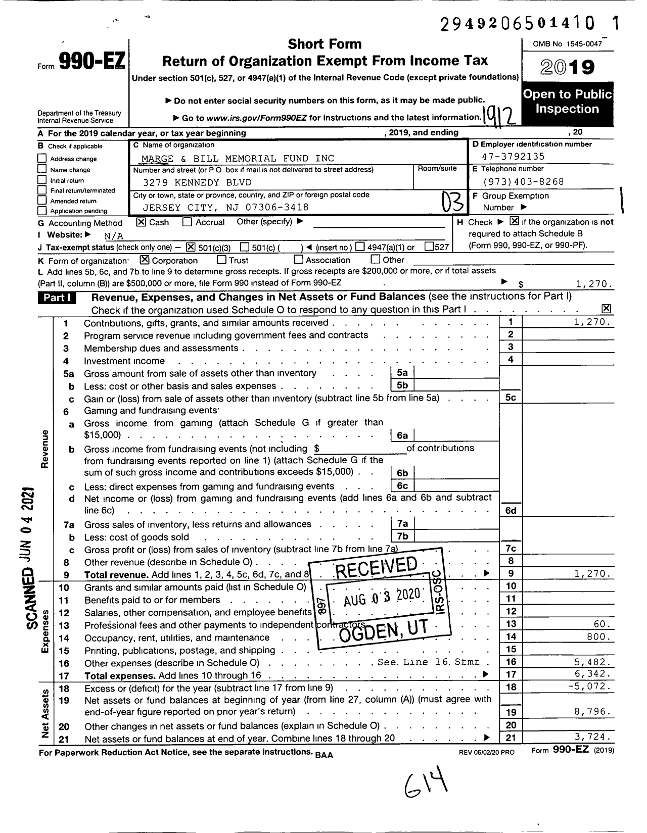 Image of first page of 2019 Form 990EZ for Marge and Bill Memorial Fund