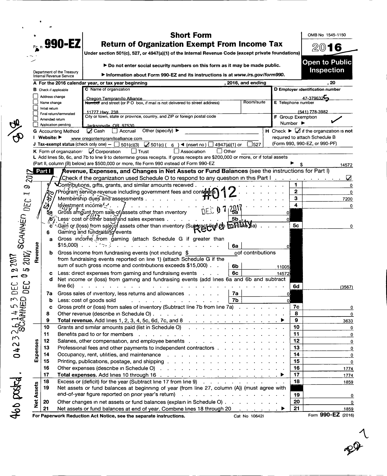 Image of first page of 2016 Form 990EO for Oregon Tempranillo Alliance