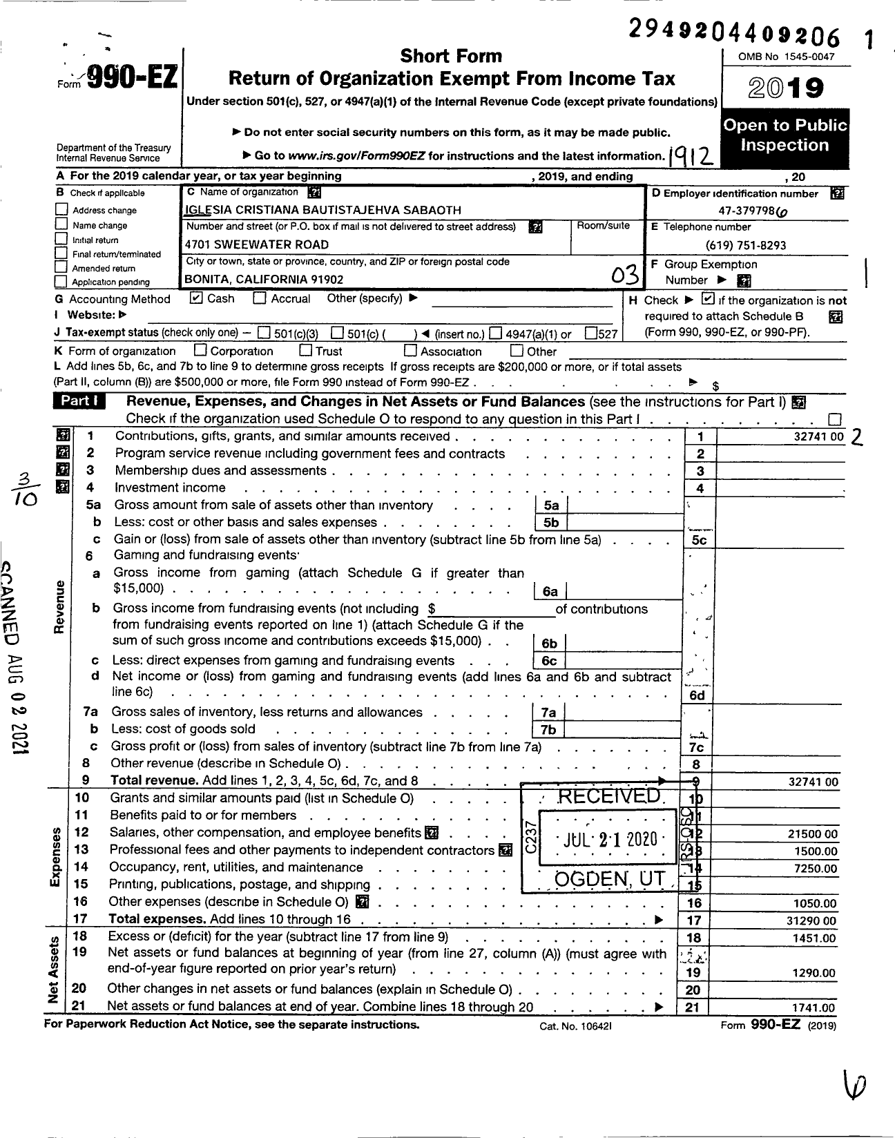 Image of first page of 2019 Form 990EZ for Iglesia Cristiana Bautista Jehova-Sabaoth