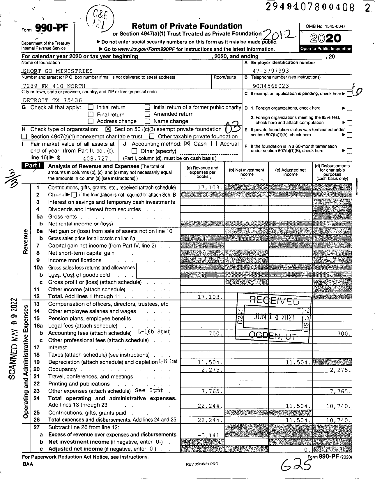 Image of first page of 2020 Form 990PF for Short Go Ministries