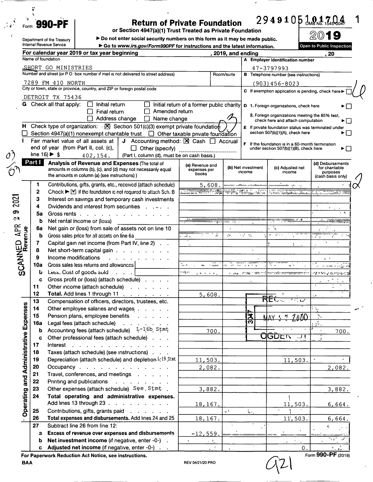 Image of first page of 2019 Form 990PF for Short Go Ministries