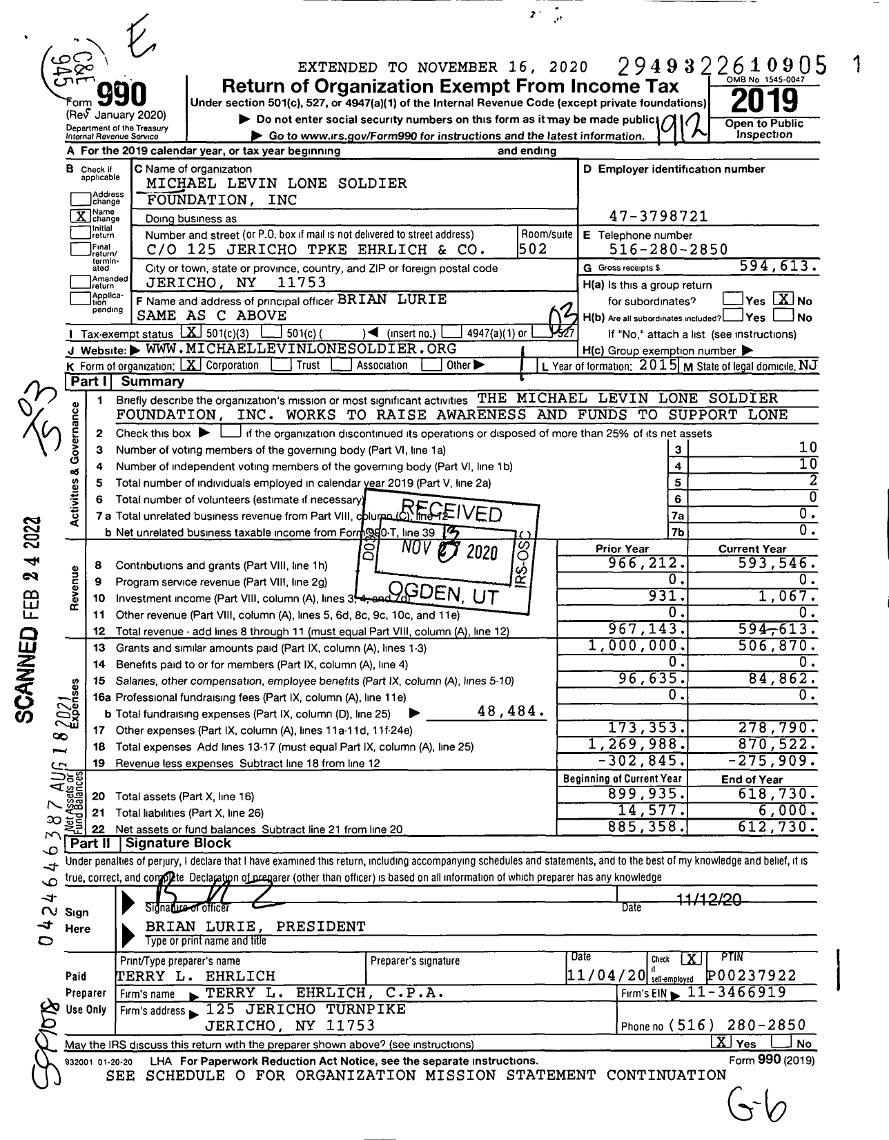 Image of first page of 2019 Form 990 for The Michael Levin Lone Soldier Foundation