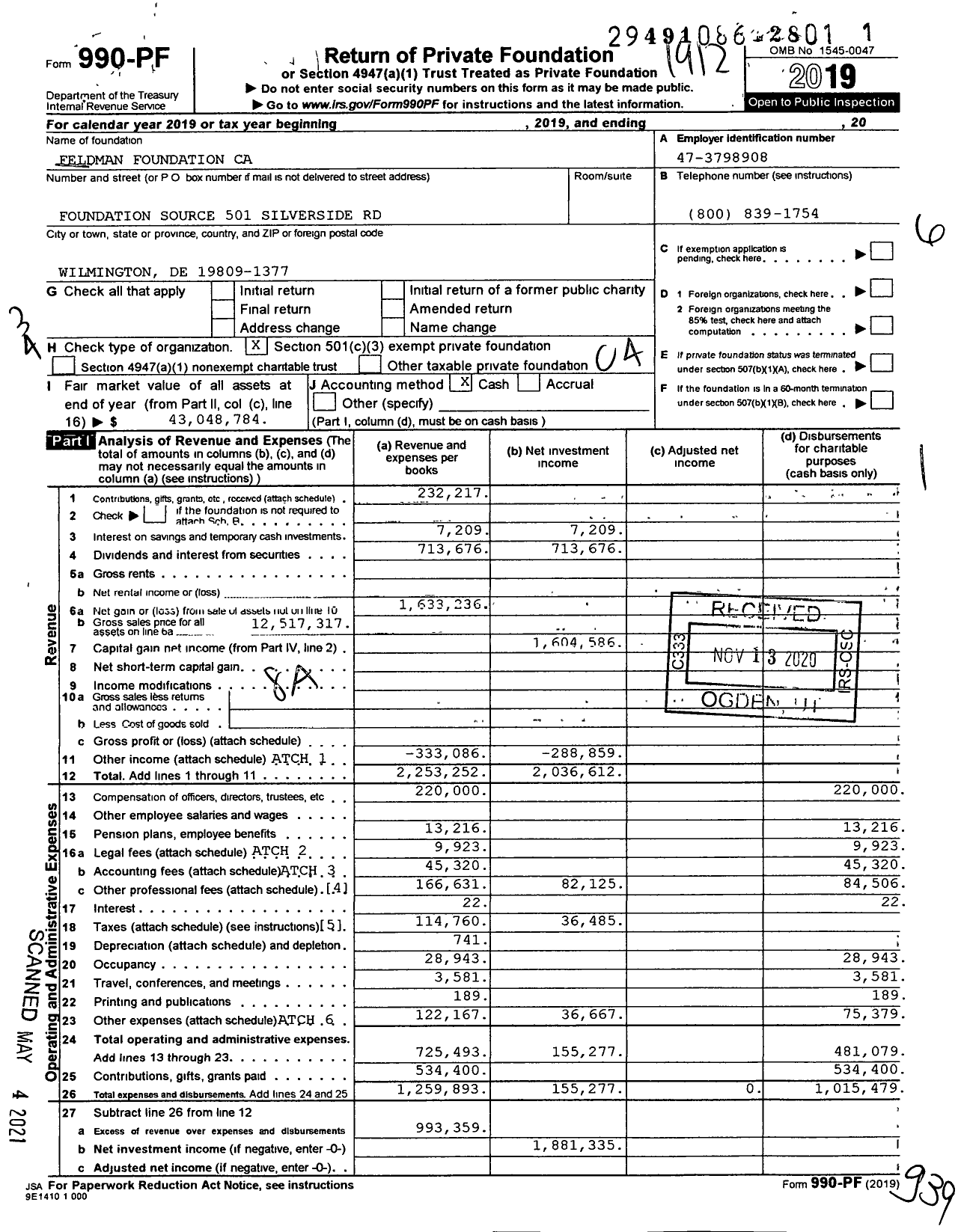 Image of first page of 2019 Form 990PF for Feldman Foundation CA