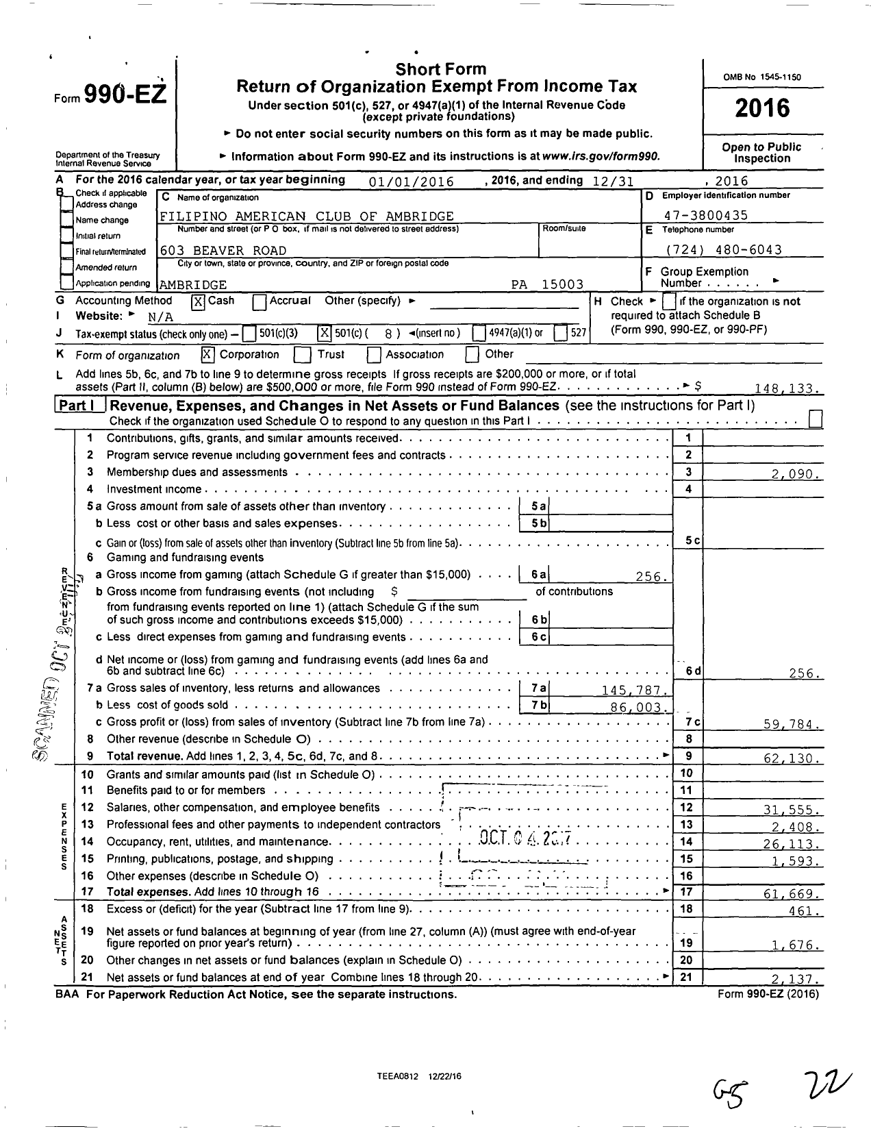 Image of first page of 2016 Form 990EO for Filipino American Club of Ambridge